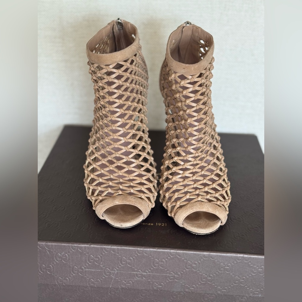 Gucci Tan Woven Open-Toe High Heel Booties